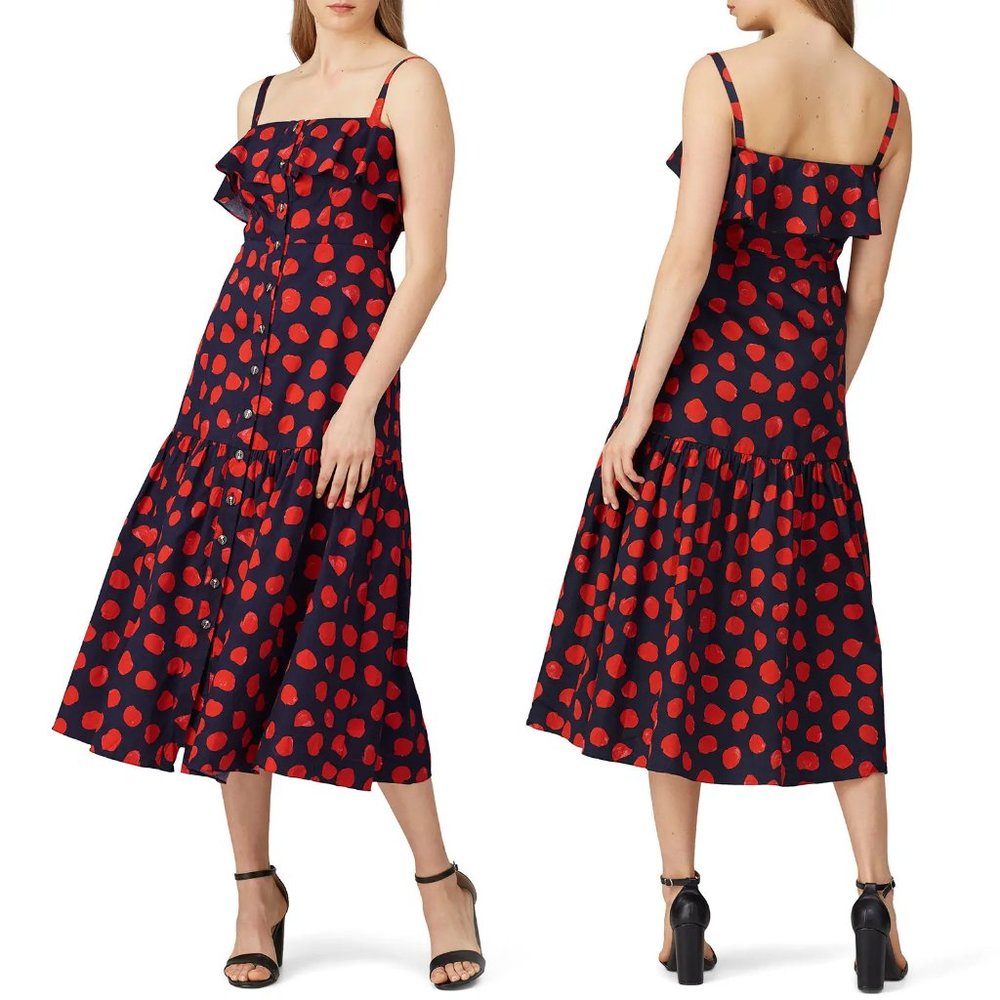 Borgo De Nor Florence Sundress Navy Blue Red Dot Cotton Ruffle Trim Midi Dress 6